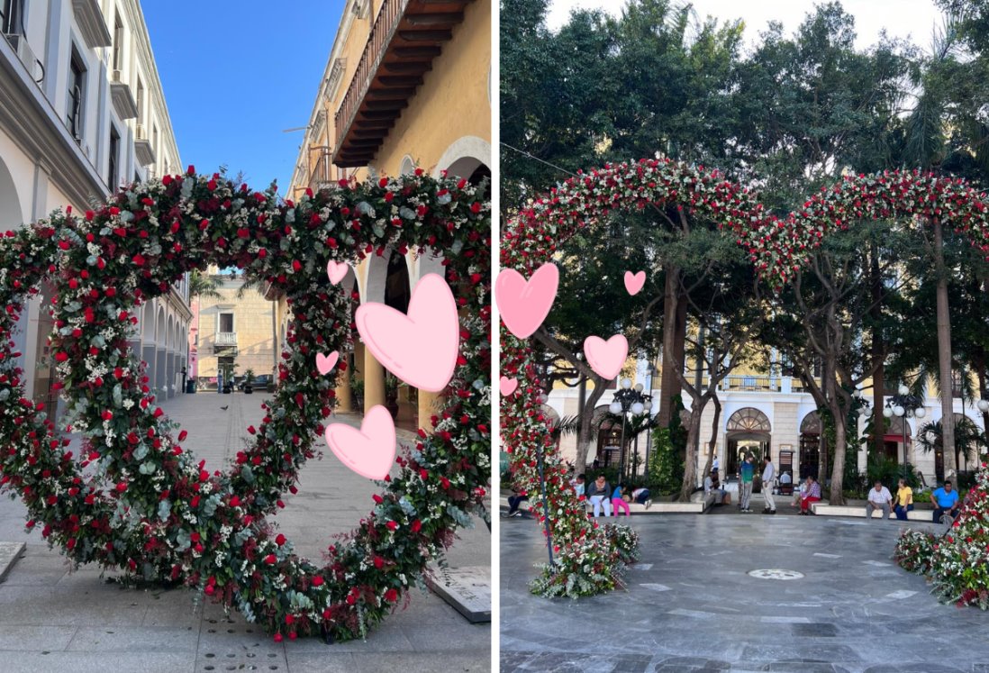 Colocan adornos alusivos al Día de San Valentín en el Zócalo de Veracruz