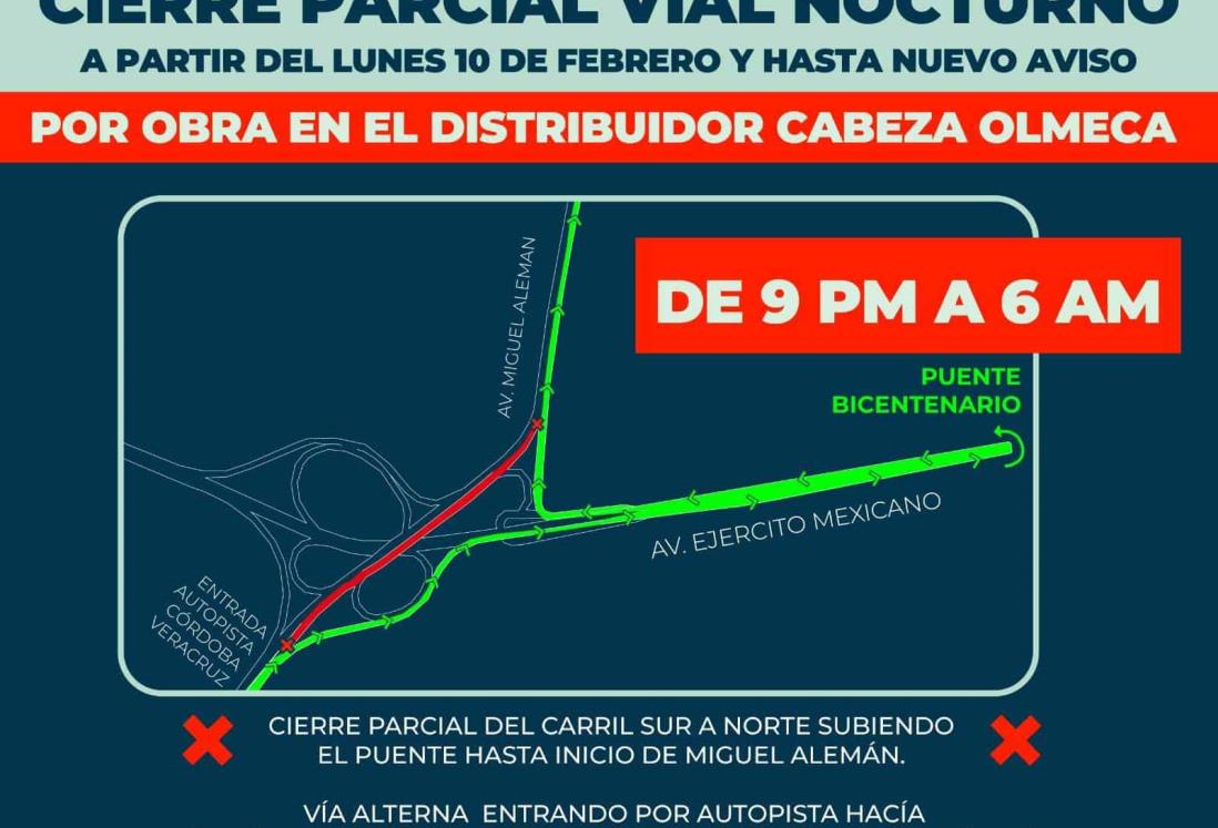 Cierre vial nocturno en el distribuidor Cabeza Olmeca, en Veracruz