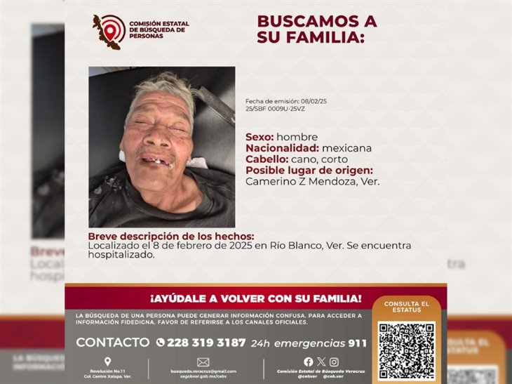 Buscan a familiares de adulto mayor hospitalizado en Río Blanco