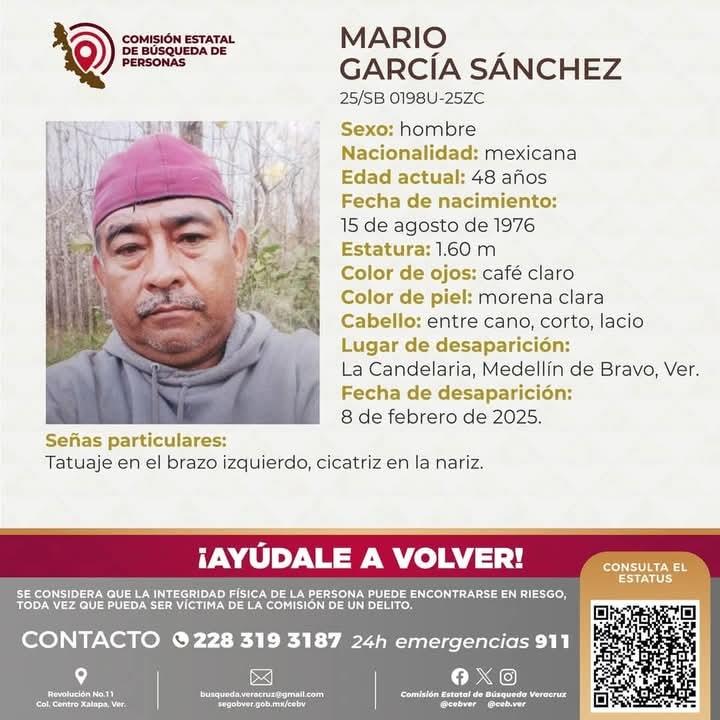 Piden ayuda para encontrar a Mario García desaparecido en Medellín de Bravo