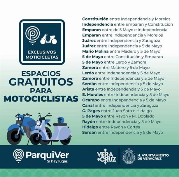 Estos son los espacios gratis para estacionar tu moto en el centro de Veracruz