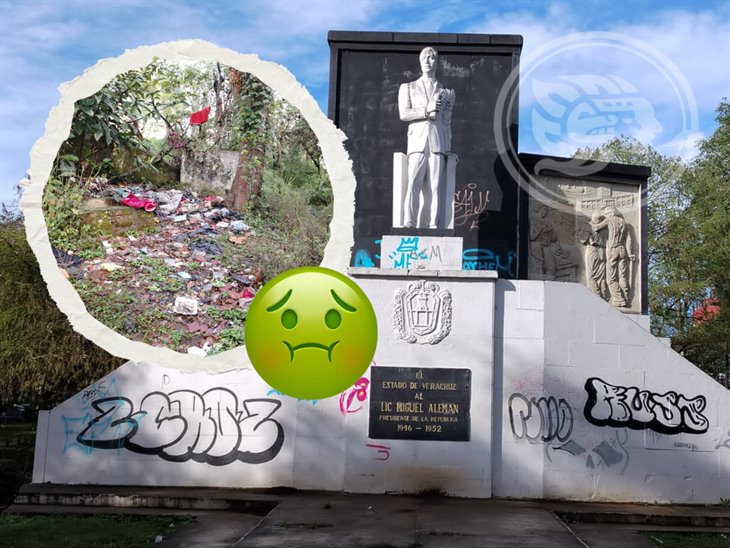 Rayado, olvidado y sucio; así luce el monumento a Miguel Alemán en Xalapa