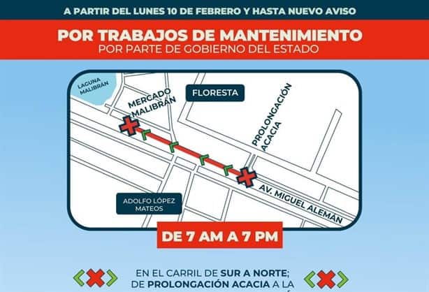 Inician los cierres viales en avenida Miguel Alemán en Veracruz por obras