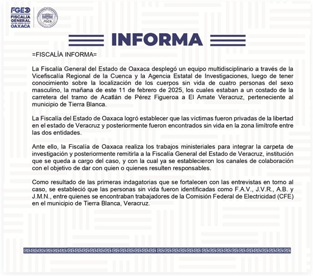 Hay trabajadores de CFE; abandonan cuerpos en límites de Veracruz y Oaxaca