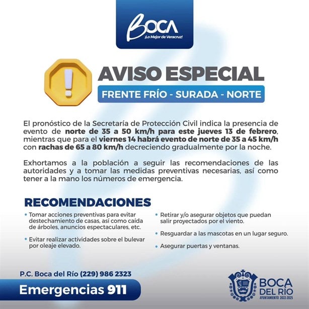 Ayuntamiento de Boca del Río emite aviso por norte este jueves 13 de febrero