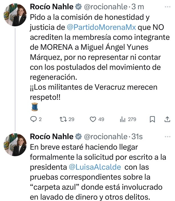 Rocío Nahle exige a Morena no aprobar afiliación de Miguel Ángel Yunes Márquez | VIDEO