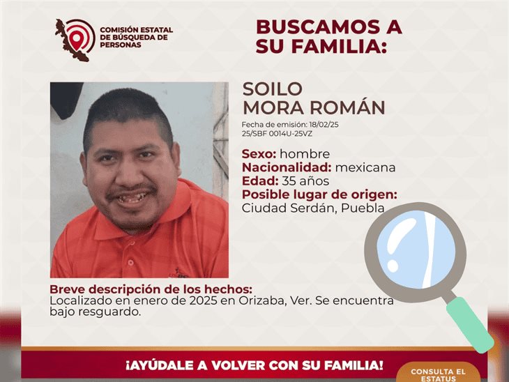 Buscan a la familia de Soilo Mora Román, hombre localizado en Orizaba