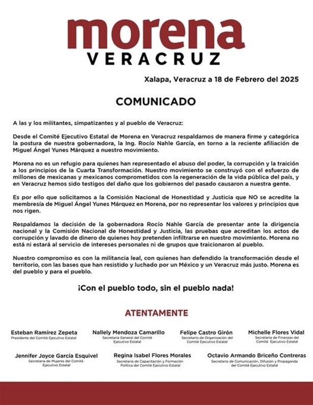 Morena en Veracruz respalda a Nahle: piden no afiliar a Yunes Márquez