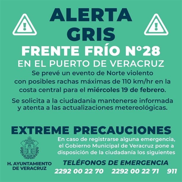 Ayuntamiento emite Alerta Gris por el Frente Frío 28 en el puerto de Veracruz