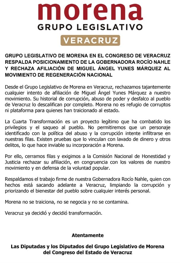 Grupo Legislativo de Morena en Veracruz rechaza la afiliación de Yunes Márquez