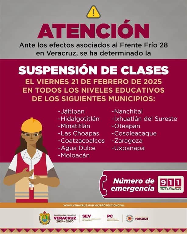 Suspenden clases este viernes en estos municipios del sur de Veracruz, por Frente Frío 28