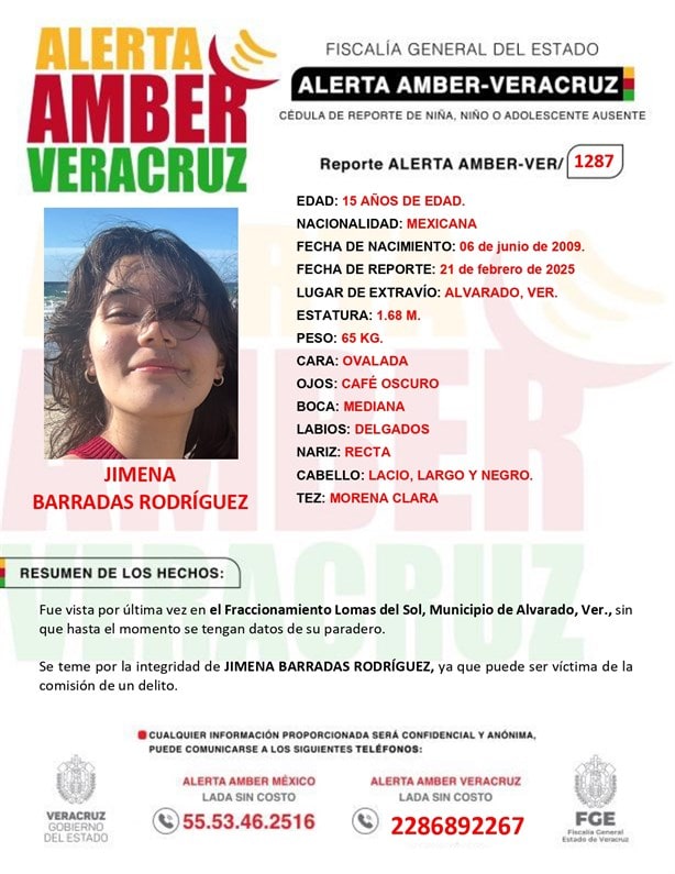 Activan la Alerta Amber por la desaparición de Jimena Barradas en la Riviera Veracruzana