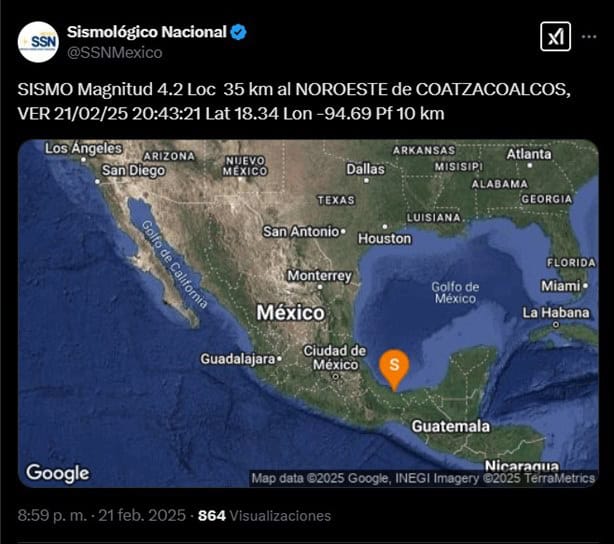 Se registra sismo en Coatzacoalcos de magnitud 4.2