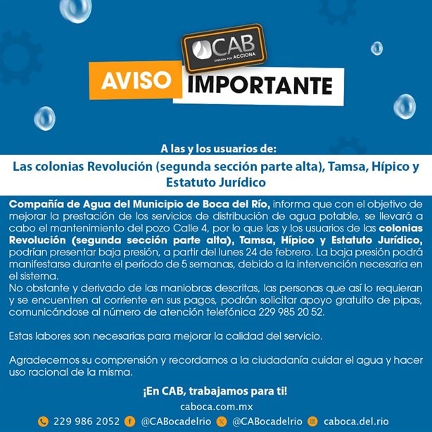 Estas 4 colonias en Boca del Río no tendrán agua potable por 5 semanas