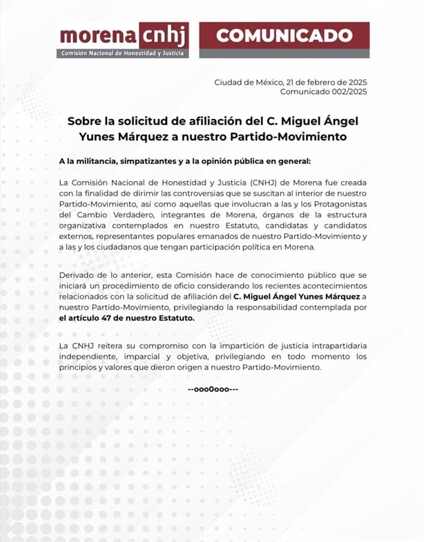 Se pronuncia Comisión Nacional de Honor y Justicia de Morena ante solicitud de afiliación de Miguel Ángel Yunes Márquez