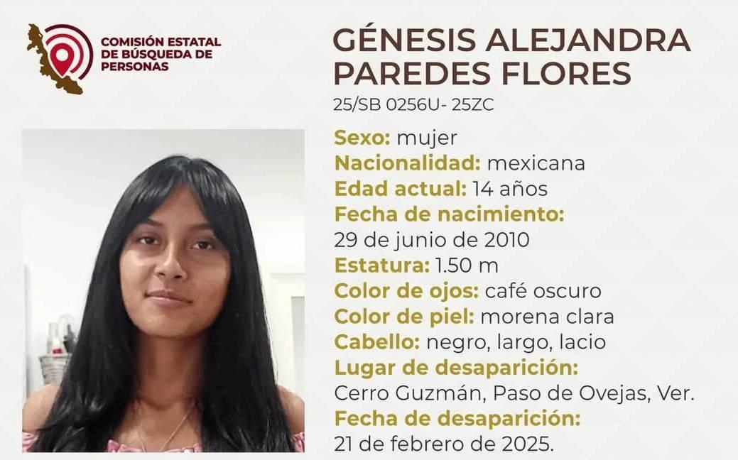 Buescan familiares a Génesis Alejandra, quien desapareció en Paso de Ovejas