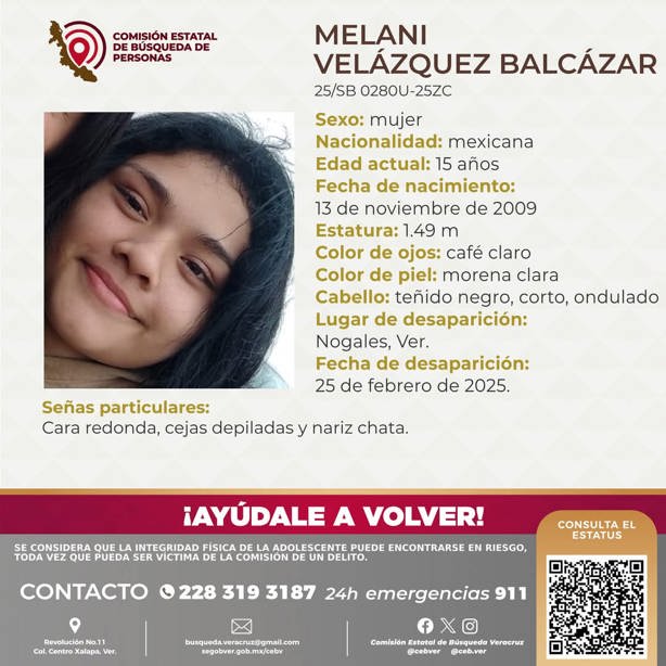 Melani Velázquez Balcázar, de 15 años, es reportada como desaparecida en Nogales