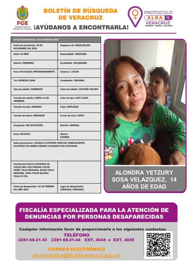 Desaparece Alondra Yetzury Sosa Velázquez de 14 años en la ciudad de Veracruz