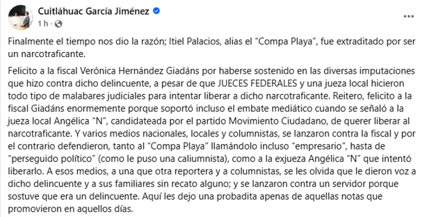 Cuitláhuac García presume extradición de El Compa Playa, como logro suyo y de la fiscal