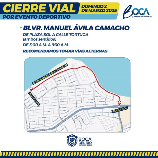 Anuncian cierre vial en el bulevar de Boca del Río para el domingo 02 de marzo