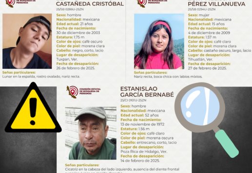 Reportan a tres personas como desaparecidas en la zona norte de Veracruz