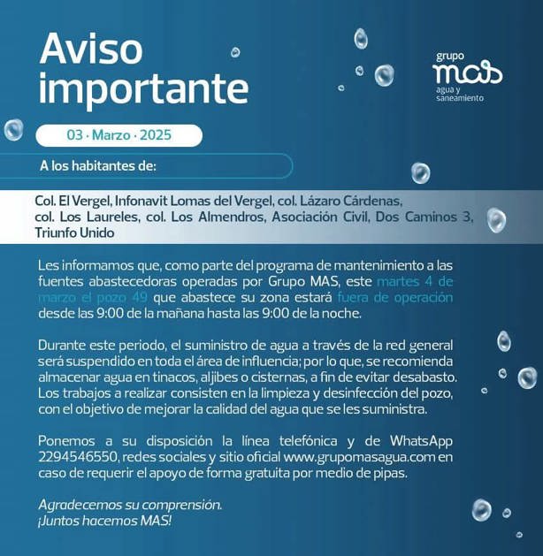 Estas 8 colonias de Veracruz no tendrán agua potable hoy 04 de marzo, informa Grupo MAS