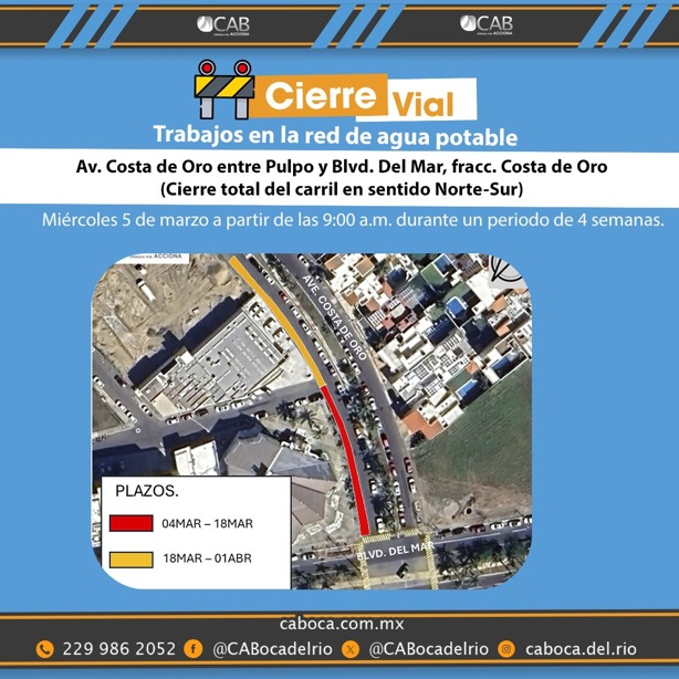 Anuncian cierre vial en calles de Boca del Río este miércoles 05 de marzo