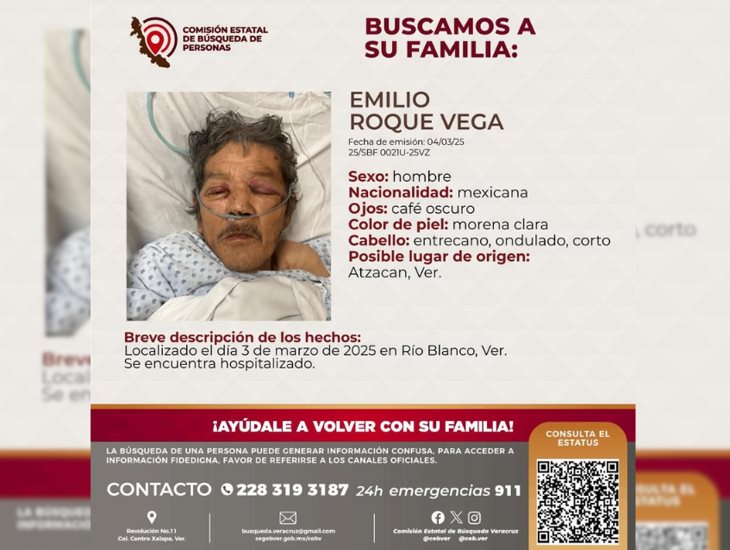 Buscan familia de adulto mayor en Río Blanco; está hospitalizado