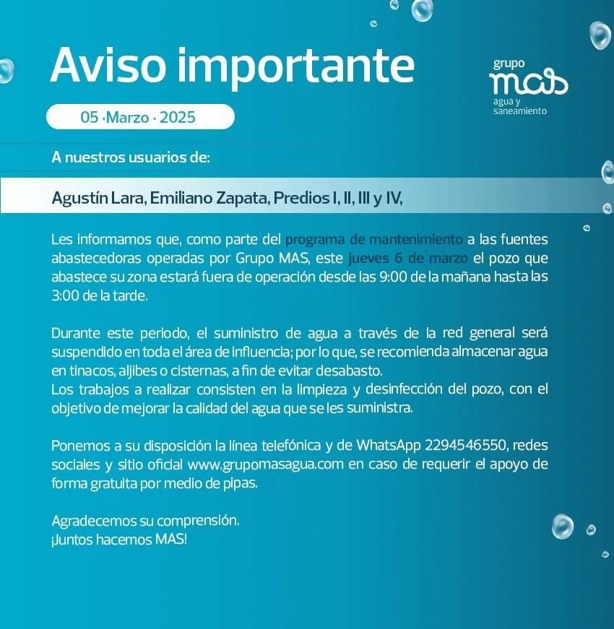 Estas 6 colonias de Veracruz no tendrán agua potable este 06 de marzo, informa Grupo MAS