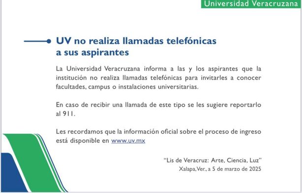 Alerta UV a aspirantes por llamadas donde ofrecen falsos recorridos en campus de Veracruz