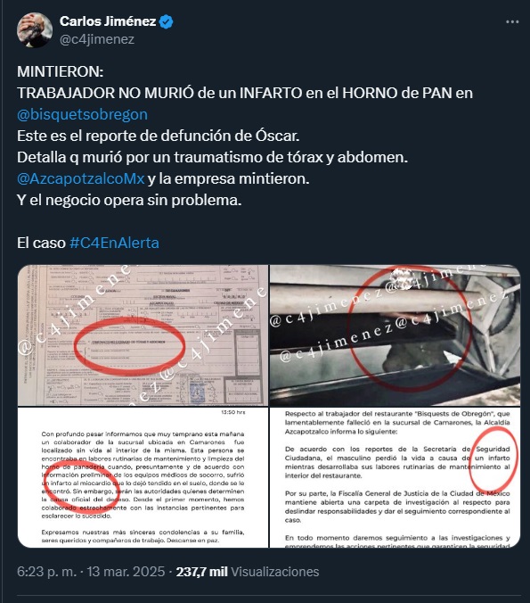 No fue infarto; de esto habría muerto trabajador hallado en un horno de pan de Los Bisquets Obregón