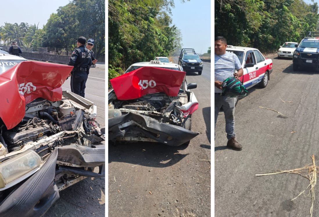 Aparatosa carambola deja taxi destrozado en carretera de Actopan en Veracruz