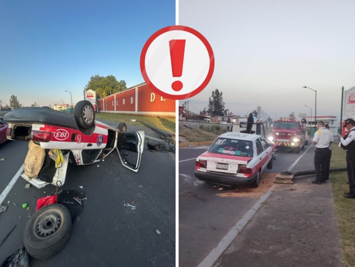 ¡Perdió el control! choca, derriba un poste y vuelca taxi en Orizaba