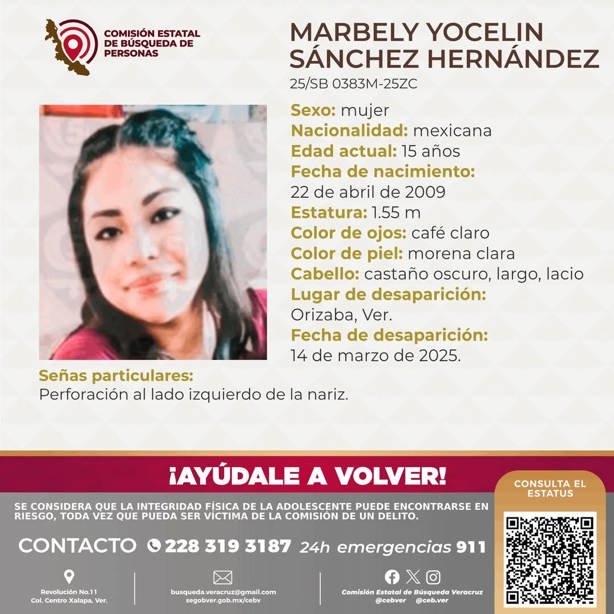 ¿La has visto? Marbely, de 15 años, está desaparecida en Orizaba