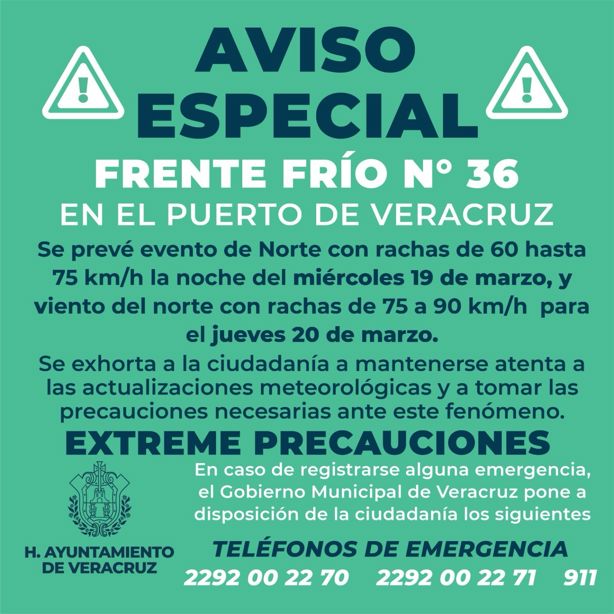 Frente Frío traerá rachas de viento de hasta 90 Km/h en Veracruz