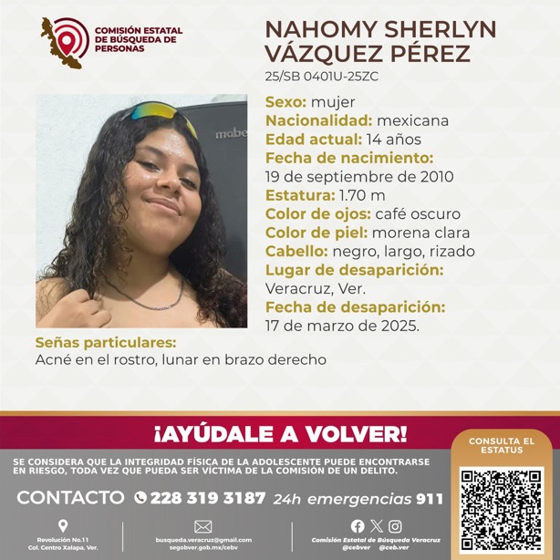 Buscan a Nahomy Sherlyn de 14 años, desapareció hace 2 días en el puerto de Veracruz