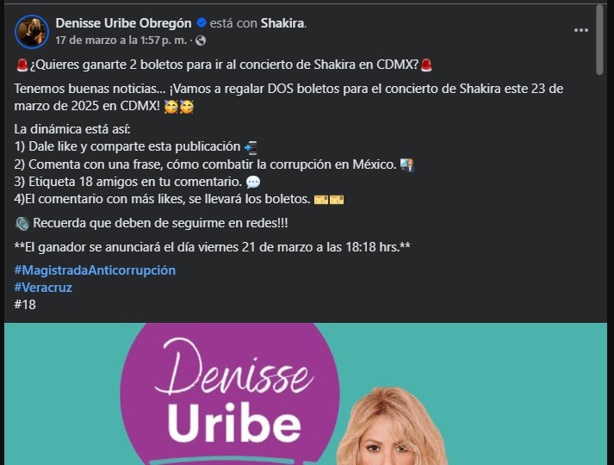 ¿Es delito electoral? Magistrada y aspirante en elección judicial rifa boletos para concierto de Shakira