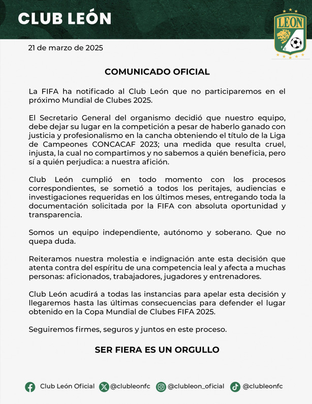 Oficial: FIFA dejaría fuera al León del Mundial de Clubes 2025