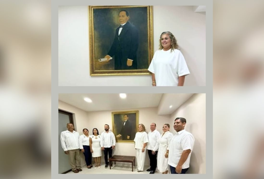 Lizzette Alvarez Vera, alcaldesa de Alvarado, devela retrato de Benito Juárez con más de 100 años de antigüedad