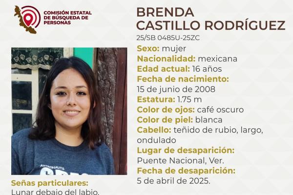 Desaparece la adolescente Brenda Castillo Rodríguez en Puente Nacional, Veracruz