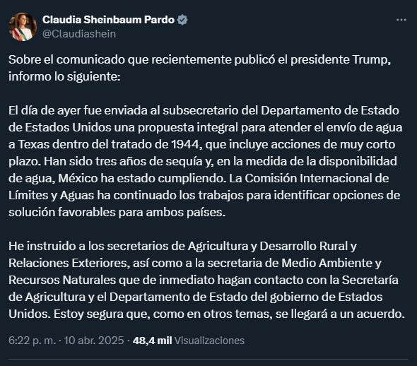 Responde Sheinbaum a amenaza de aranceles de Trump por presunta falta de pago de agua