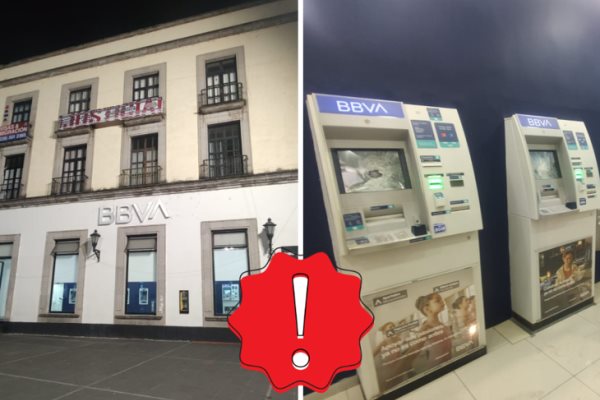 Vandalizan 5 cajeros automáticos de BBVA en el centro de Xalapa; frente a la policía 