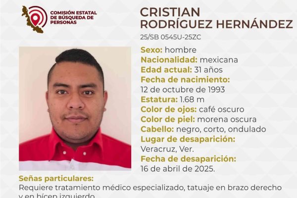 Buscan a Cristian Rodríguez desaparecido en Veracruz; requiere tratamiento médico