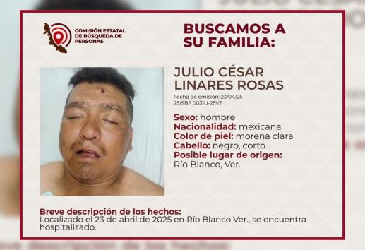 ¿Lo reconoces? Buscan a familia de hombre hospitalizado en Río Blanco