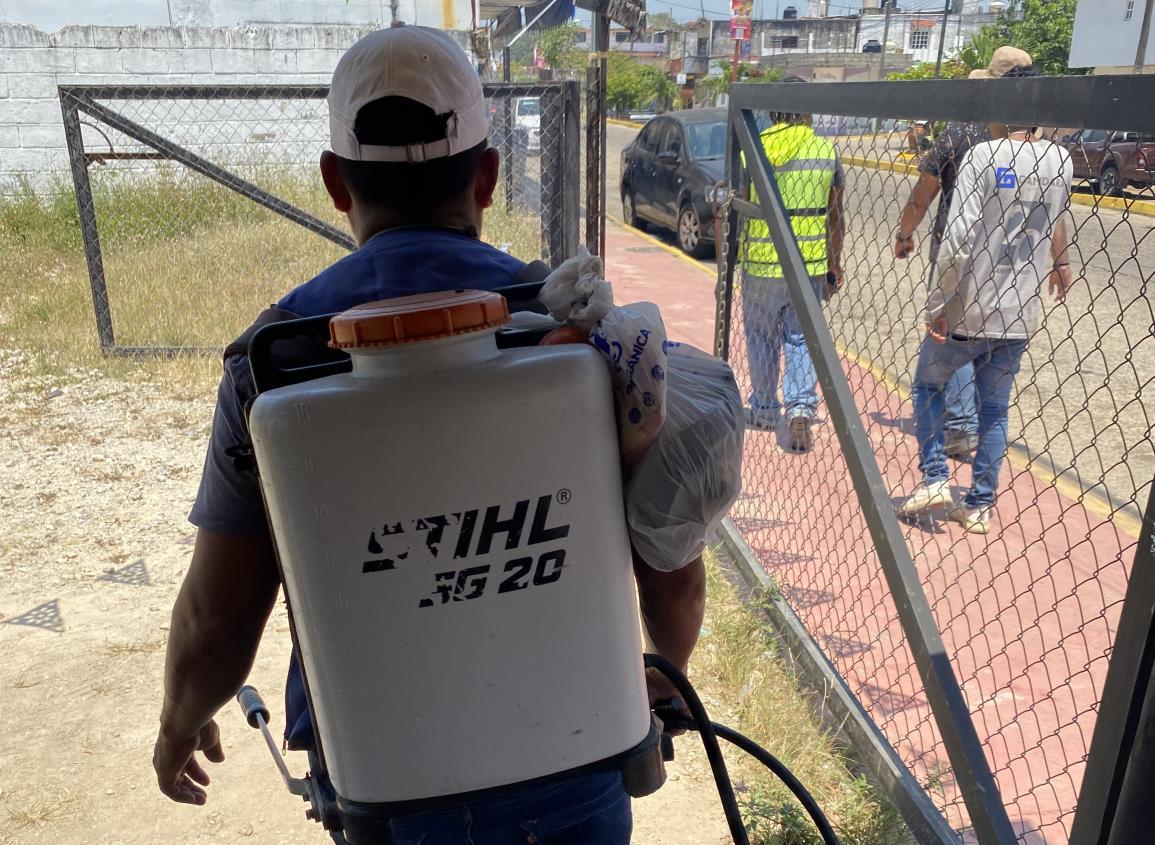 Con su bomba a la espalda, Alberto combate las plagas casa por casa en Agua Dulce