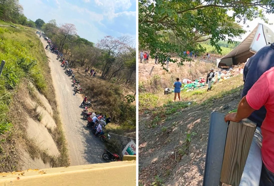Vuelca tráiler con whisky y tequila en Tierra Blanca; pobladores hacen rapiña