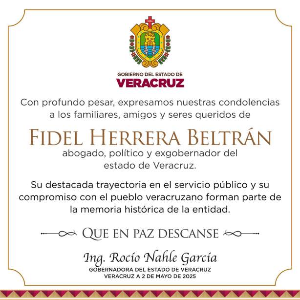 Un destacado representante de Veracruz, así despide gobernadora Rocío Nahle a Fidel Herrera Un destacado representante de Veracruz, así despide gobernadora Rocío Nahle a Fidel Herrera