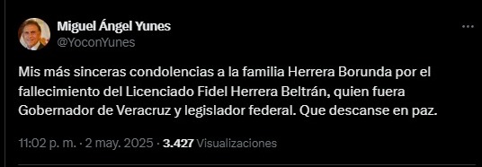 "Mis condolencias a su familia": Miguel Ángel Yunes Linares reacciona a la muerte de Fidel Herrera Beltrán