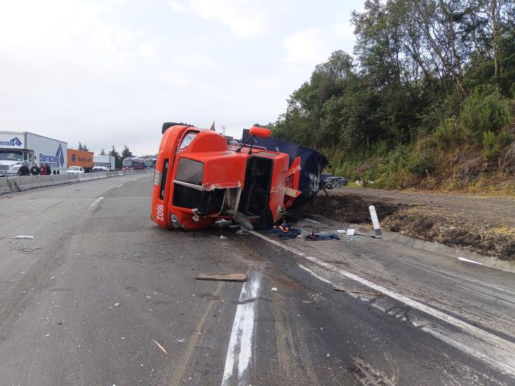Tráiler cargado con cristal se vuelca en El Fresno; intentan rapiñarlo