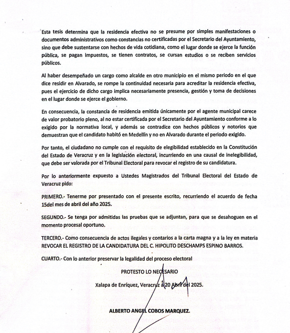 Impugnan a Polo Deschamps por no cumplir con el requisito de residencia efectiva en Alvarado